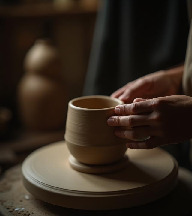 職人の手が陶器を形作るクローズアップ