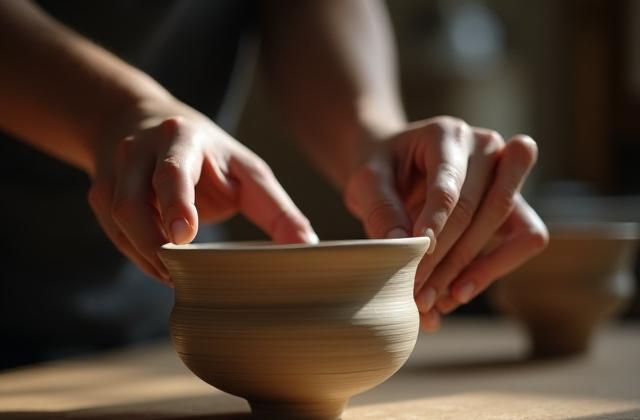 職人が手作りの陶器を仕上げる様子